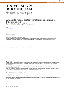 Armadillo-Repeat Protein Functions: Questions for Little Creatures Tewari, R; Bailes, E; Bunting, KA; Coates, Juliet