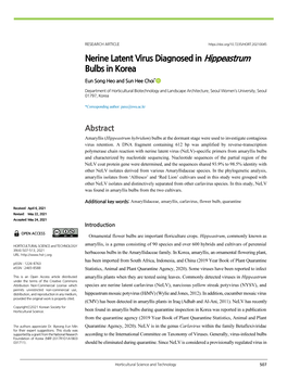 Nerine Latent Virus Diagnosed in Hippeastrum Bulbs in Korea