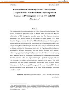 Discourse in the United Kingdom on EU Immigration: Analysis of Prime Minister David Cameron's Political Language on EU Immigra