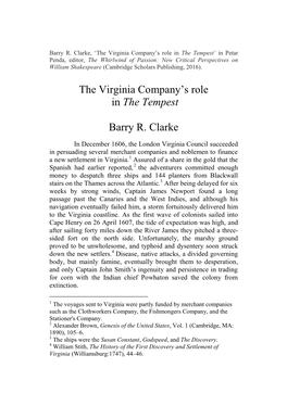 The Virginia Company's Role in the Tempest Barry R. Clarke