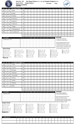 San Diego Padres(62-93) Vs Los Angeles Dodgers(86-69)