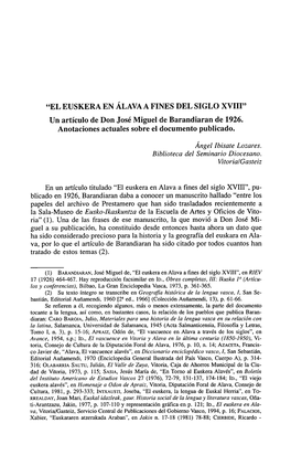 "EL EUSKERA EN ÁLAVAAFINES DEL SIGLO XVIII" Un Artículo De Don José Miguel De Barandiaran De 1926