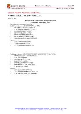 Junta Electoral De Zona De Hellín ANUNCIO Publicación De Candidaturas