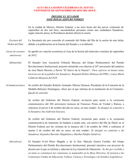 Acta De La Sesión Celebrada El Jueves Veintisiete De Septiembre De Dos Mil Doce