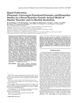 Phenomic, Convergent Functional Genomic, and Biomarker Studies in a Stress-Reactive Genetic Animal Model of Bipolar Disorder and Co-Morbid Alcoholism H