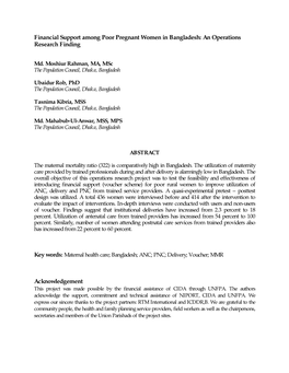 Financial Support Among Poor Pregnant Women in Bangladesh: an Operations Research Finding