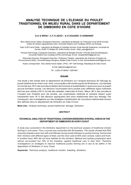 Analyse Technique De L'elevage Du Poulet Traditionnel En Milieu Rural