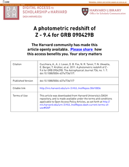 A Photometric Redshift of Z - 9.4 for GRB 090429B