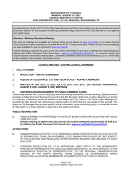 Richardson City Council Monday, August 16, 2021 Council Meeting at 6:00 P.M