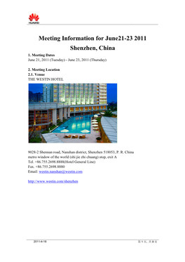 Meeting Information for June21-23 2011 Shenzhen, China 1