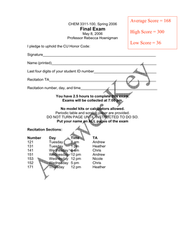 Final Exam Average Score = 168 High Score = 300 Low Score = 36