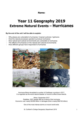 Year 11 Geography 2019 Extreme Natural Events – Hurricanes