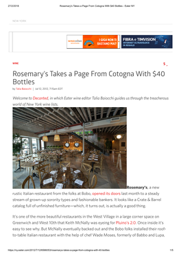 Rosemary's Takes a Page from Cotogna with $40 Bottles - Eater NY