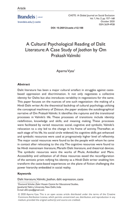 A Cultural Psychological Reading of Dalit Literature: a Case Study of Joothan by Om Prakash Valmiki