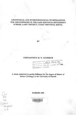 Geophysical and Hydrogeological Investigations for Groundwater in the Lake Kenyatta Settlement Scheme, Lamu District, Coast Province, Kenya