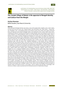 The Temple Village of Maluti: a Re-Appraisal of Bengali Identity and Culture from the Margin