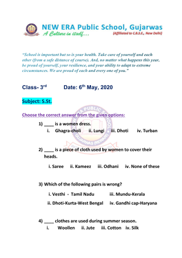 Class- 3Rd Date: 6Th May, 2020 Subject: S.St