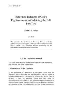 Reformed Defences of God's Righteousness in Ordaining the Fall. Part