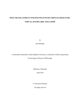 Poet-Translators in Nineteenth Century French Literature: Nerval, Baudelaire, Mallarmé” Dir