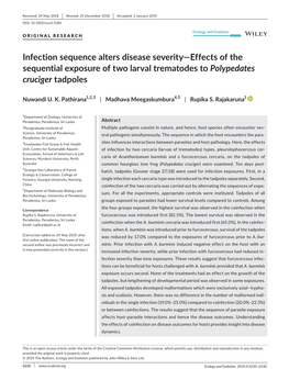 Infection Sequence Alters Disease Severity—Effects of the Sequential Exposure of Two Larval Trematodes to Polypedates Cruciger Tadpoles