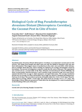 Biological Cycle of Bug Pseudotheraptus Devastans Distant (Heteroptera: Coreidae), the Coconut Pest in Côte D'ivoire