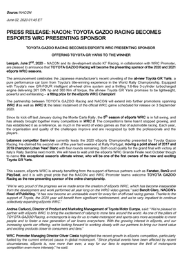Press Release: Nacon: Toyota Gazoo Racing Becomes Esports Wrc Presenting Sponsor