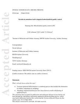 Keratin 6A Mutations Lead to Impaired Mitochondrial Quality Control P Rotected B Running Title: Mitochondrial Quality Incontrol PC Y S.M