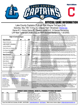 OFFICIAL GAME INFORMATION Lake County Captains (7-3) Vs