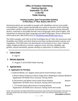 Office of Outdoor Advertising Hearing Agenda September 13, 2018 11:00 AM Public Hearing