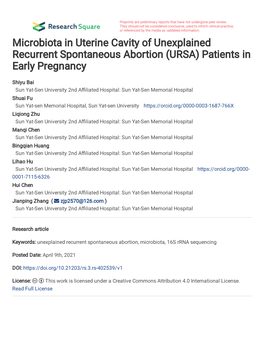 Microbiota in Early Pregnant Uterine Cavity of URSA 3 Title: 4 Microbiota in Uterine Cavity of Unexplained Recurrent Spontaneous Abortion (URSA)