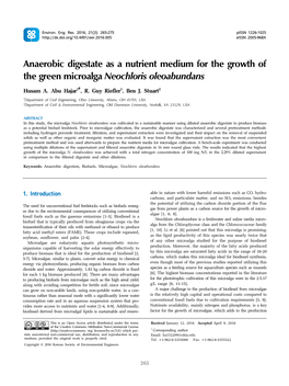 Anaerobic Digestate As a Nutrient Medium for the Growth of the Green Microalga Neochloris Oleoabundans