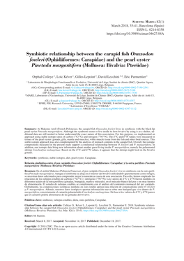 Symbiotic Relationship Between the Carapid Fish Onuxodon Fowleri (Ophidiiformes: Carapidae) and the Pearl Oyster Pinctada Margar