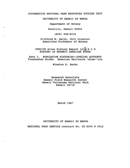 COOPERATIVE NATIONAL PARK RESOURCES STUDIES UNIT UNIVERSITY of HAWAII at MANOA Department of Botany Honolulu, Hawaii 96822 Cliff