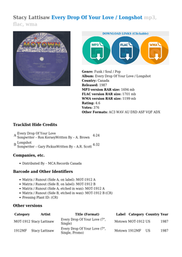 Stacy Lattisaw Every Drop of Your Love / Longshot Mp3, Flac, Wma