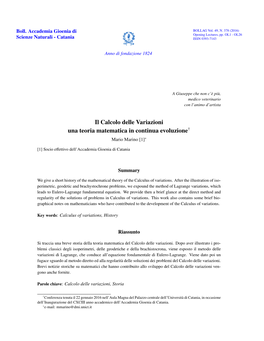 Il Calcolo Delle Variazioni Una Teoria Matematica in Continua Evoluzione† Mario Marino [1]∗