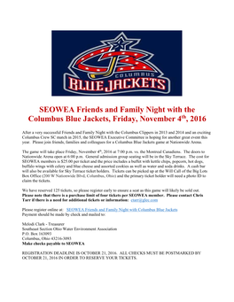 SEOWEA Friends and Family Night with the Columbus Blue Jackets, Friday, November 4Th, 2016