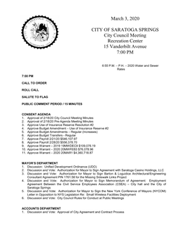 March 3, 2020 CITY of SARATOGA SPRINGS City Council Meeting