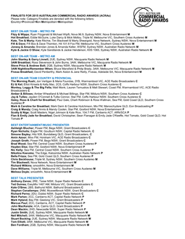 COMMERCIAL RADIO AWARDS (Acras) Please Note: Category Finalists Are Denoted with the Following Letters: Country>Provincial>Non-Metropolitan>Metropolitan