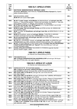 1896 OLY.-SPIELE ATHEN Ausruf Nr.: Estimate 5001 DEUTSCHE DEMOKRATISCHE REPUBLIK (DDR) 18.-- 24 Versch