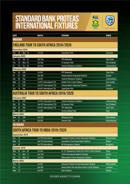 Standard Bank Proteas International Fixtures