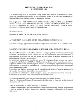 Reunion Du Conseil Municipal Du 05 Fevrier 2021