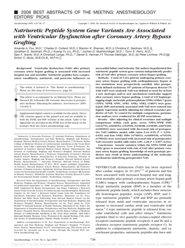 Natriuretic Peptide System Gene Variants Are Associated with Ventricular Dysfunction After Coronary Artery Bypass Grafting Amanda A