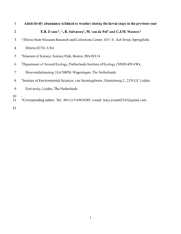 Adult Firefly Abundance Is Linked to Weather During the Larval Stage in the Previous Year 1 T.R. Evans 1, *, D. Salvatore2, M. V