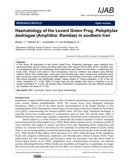 Haematology of the Levant Green Frog, Pelophylax Bedriagae (Amphibia: Ranidae) in Southern Iran