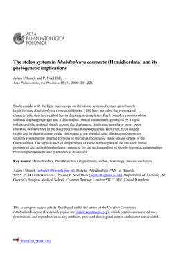 The Stolon System in Rhabdopleura Compacta (Hemichordata) and Its Phylogenetic Implications