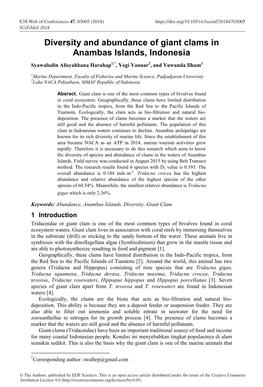 Diversity and Abundance of Giant Clams in Anambas Islands, Indonesia Syawaludin Alisyahbana Harahap1,*, Yogi Yanuar2, and Yuwanda Ilham2