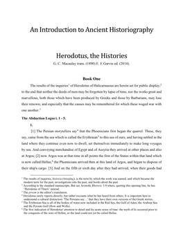 An Introduction to Ancient Historiography Herodotus, The