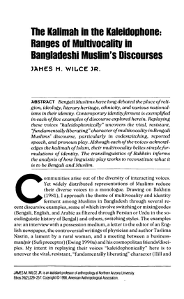 The Kalimah in the Kaleidophone: Ranges of Multivocality in Bangladeshi Muslim's Discourses JAMES M