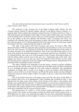 The Early Medieval and Medieval Glazed Pottery from Excavations at San Vincenzo and the Upper Volturno Valley, Molise. the Monas