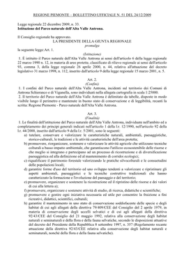 Legge Regionale 22 Dicembre 2009, N. 33. Istituzione Del Parco Naturale Dell'alta Valle Antrona